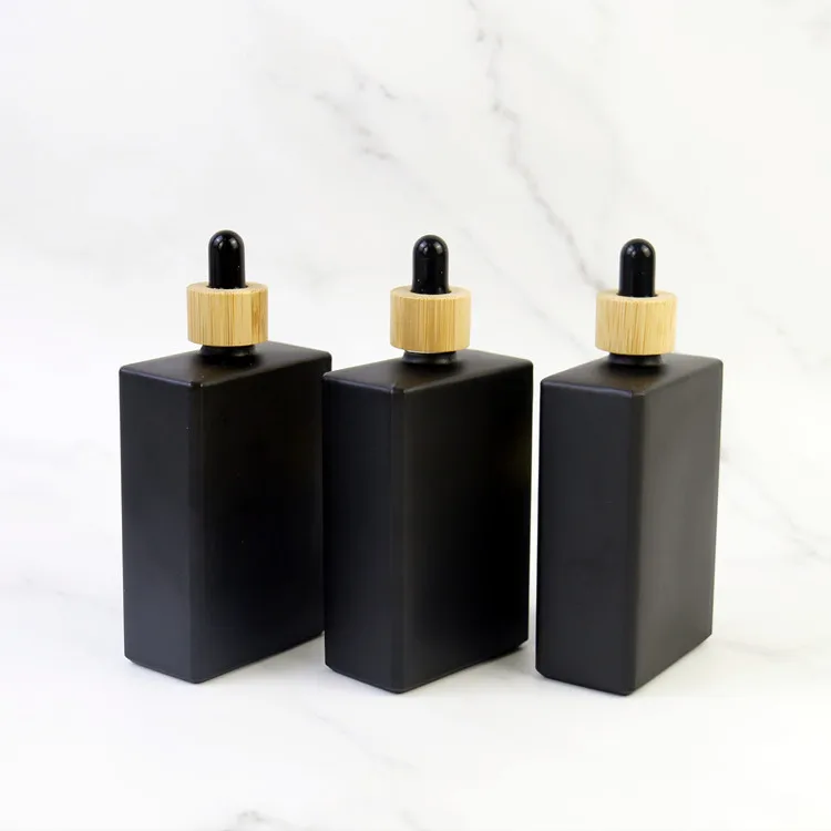 

30ml 50ml 100ml Black Rectangular Square Glass Dropper Bottles For Liquid With Container Bottle Packaging Bamboo Wood Lid Cap