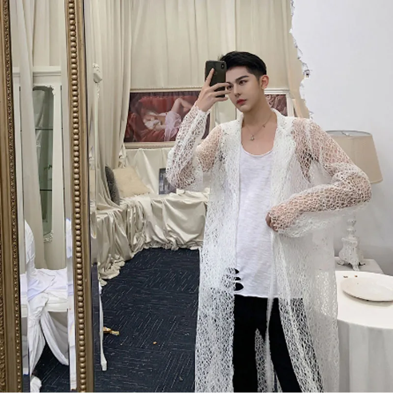 Men summer hollow out lace sexy long shirt nightclub hip hop punk stage costume women vintage mesh see-through blouse cloak