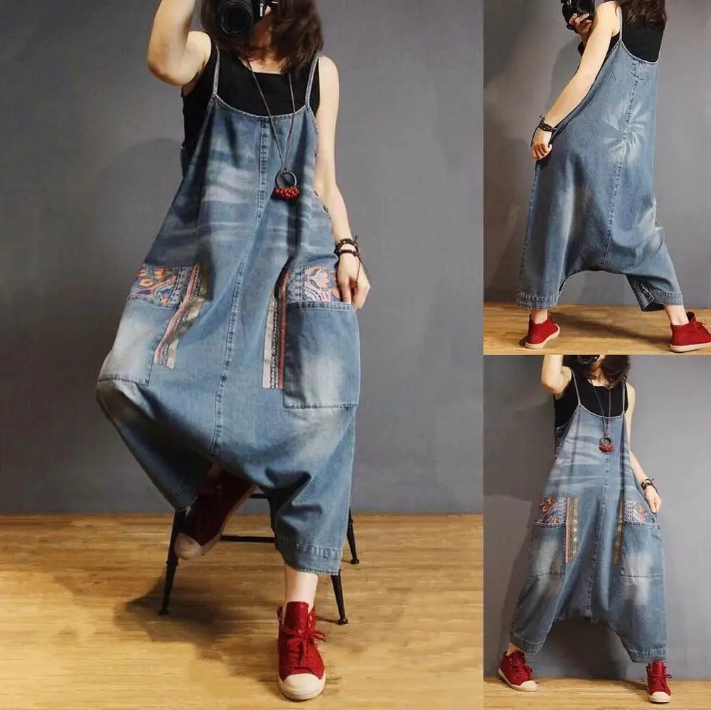 

2020 female spring and summer plus size style overalls casual all-match large crotch loose denim pants