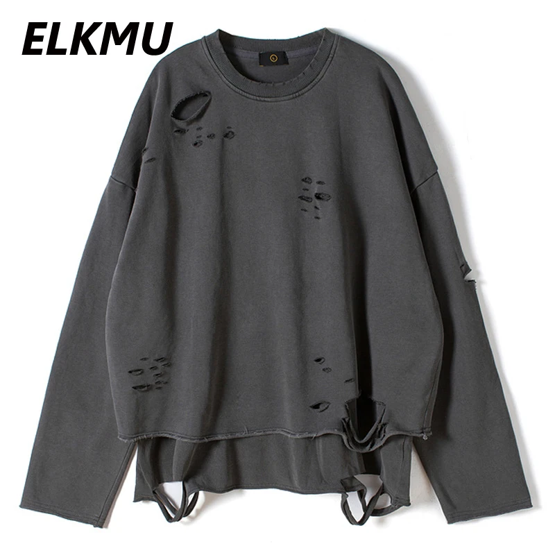 ELKMU Vintage Streetwear Hole Sweatshirt Men Fashion Autumn Two Layers Pullover Solid Color Harajuku Cotton Tops Oversized