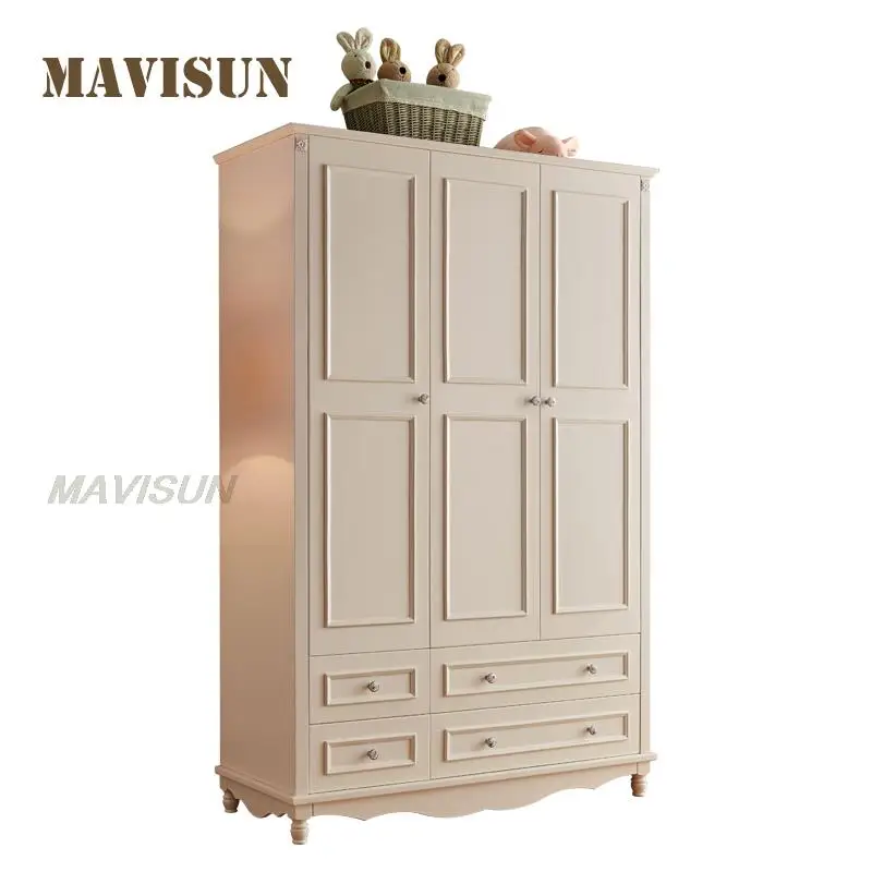 American Style Solid Wood Wardrobe With Drawer Simple Household Bedroom Furniture Three-Door White Clothing Cupboard For Child