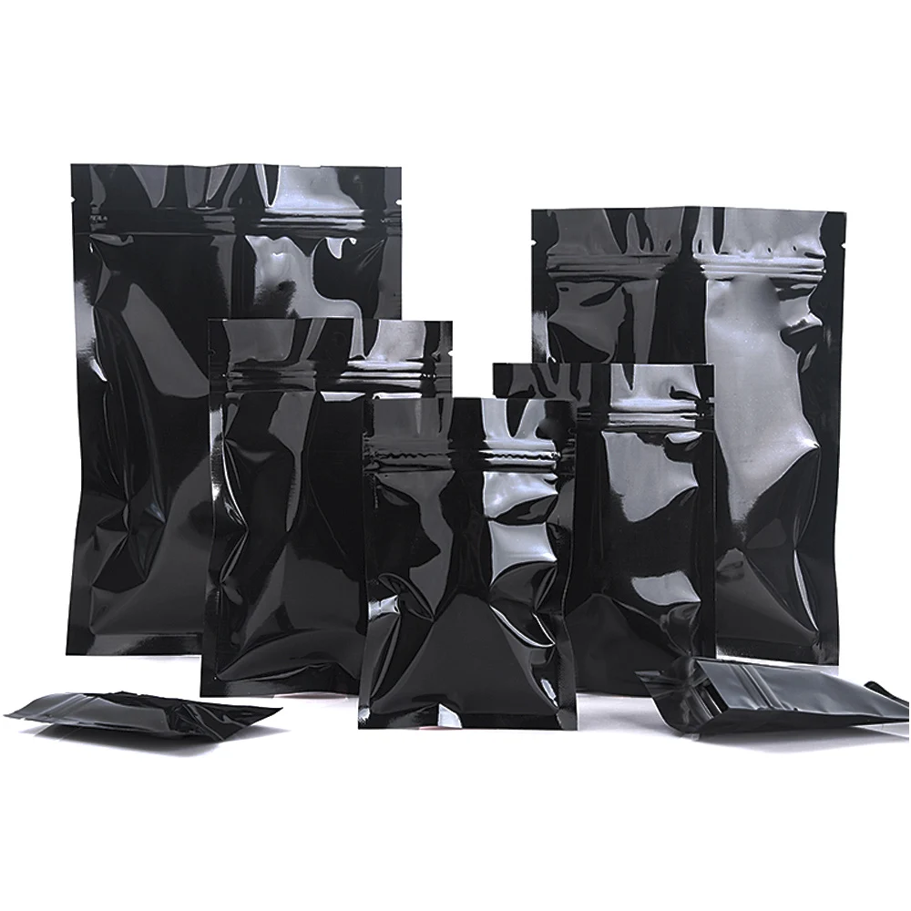 100 teile/los glänzende schwarze Aluminium folie Zip-Lock-Tasche selbst dichtende Tränen kerbe wieder versch ließbare flache Lebensmittel-Snack-Aufbewahrung verpackungs beutel – Detail 6