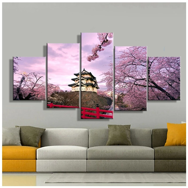 

5D Diy Full round Diamond Painting 5Panel Cherry Blossom Japan Scenery Embroidery Cross Stitch Mosaic living room DecorZP-3133