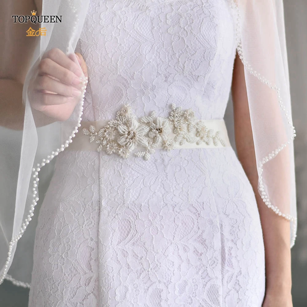 TOPQUEEN S484 Bridal Belt Fashion Wedding Accessories White Pearl Beaded Flower Sash Women\'S Party Dresses Accessories Appliques