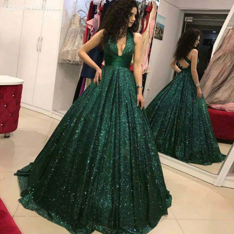 

Sexy Open Back Green Long Prom Dresses 2021 Burgundy Bingling Sparkly V-Neck Sequined Formal Party Gowns Vestidos De Gala