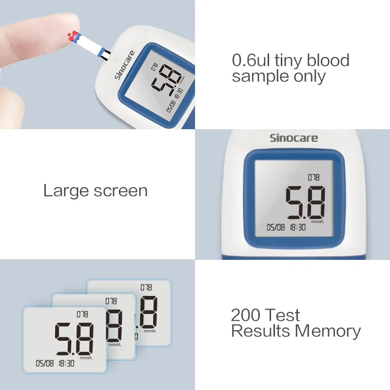 medical devices Sinocare Safe-Accu2 mg/dL mmol/L Blood Glucose Meter Diabetes Tester Kit Test Strips Lancets Blood Sugar Monitor