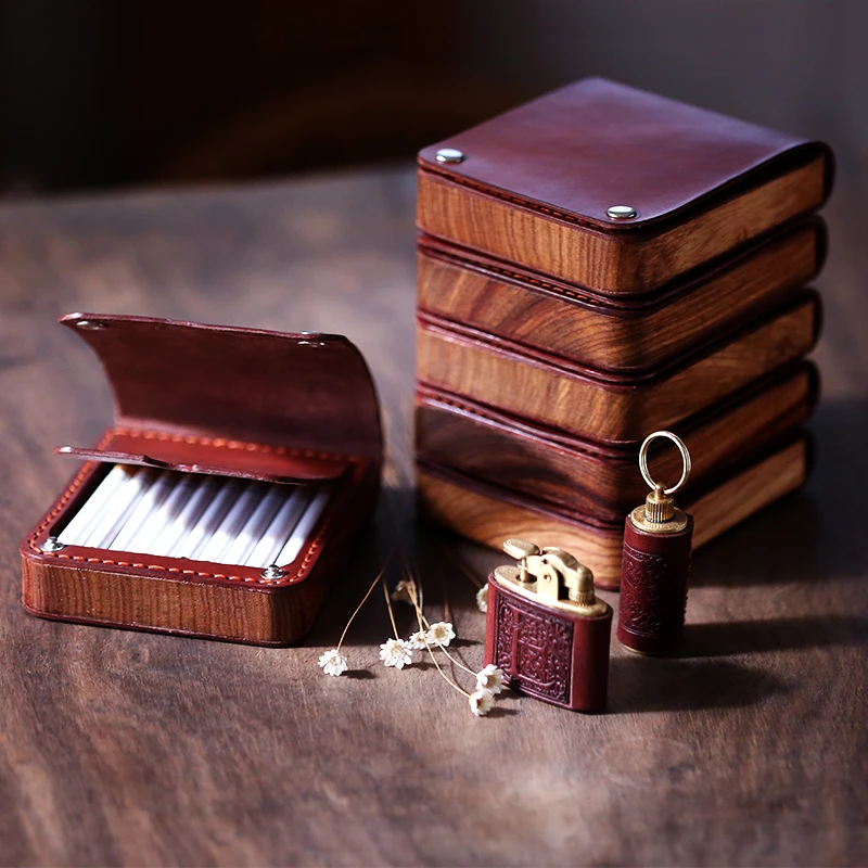 Handmade Wooden Leather Cigarette Case Portable 20 Sticks Moisture-proof Clamshell Snap Button Retro Cigarette Storage Box Gifts