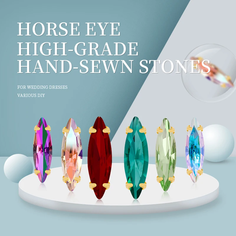 4x15mm Sewing Navette Claw Rhinestone Horse Eye For Clothing Handicrafts Leaf Beads Aquamarine Crystal Needlework K9 Glass