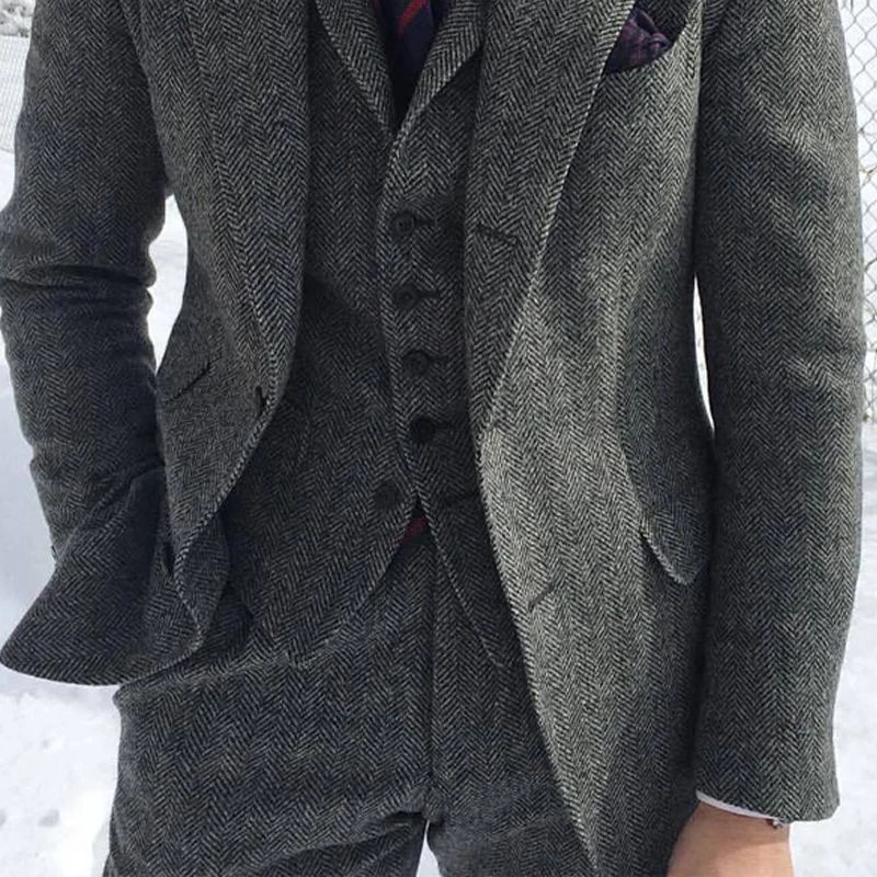 Gray Wool Tweed Winter Men Suit\'s For Wedding Formal Groom Tuxedo Herringbone Male Fashion 3 Piece Suit (Jacket + Vest + Pants)