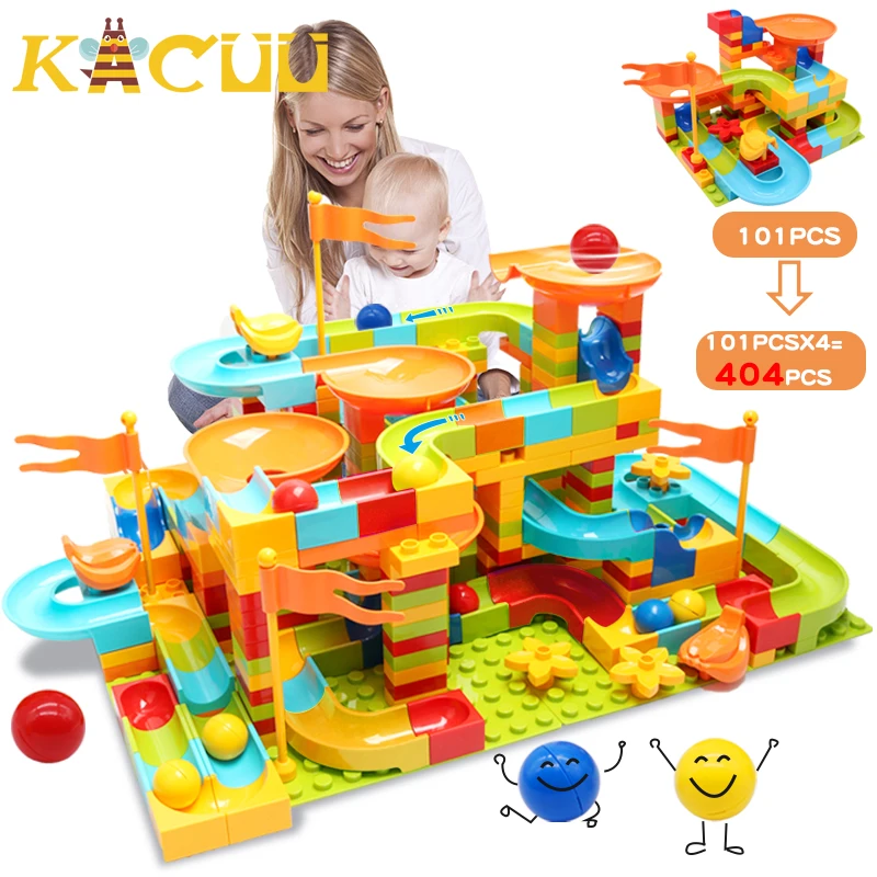 404PCS Marble Race Run DIY Maze Balls Building Blocks  Funnel Slide Large Size Bricks Educational Baby Toys Children Gift