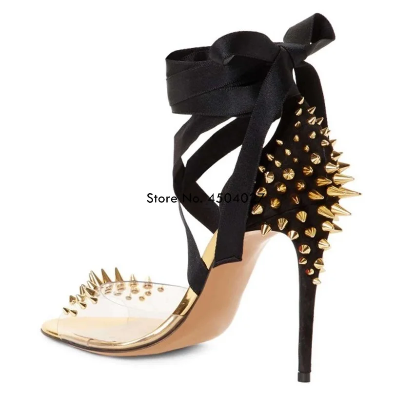 Sexy Black Strappy Transparent PVC Sandals Studded Pumps Gold Sliver Rivets Women Heels Party Dress Shoes