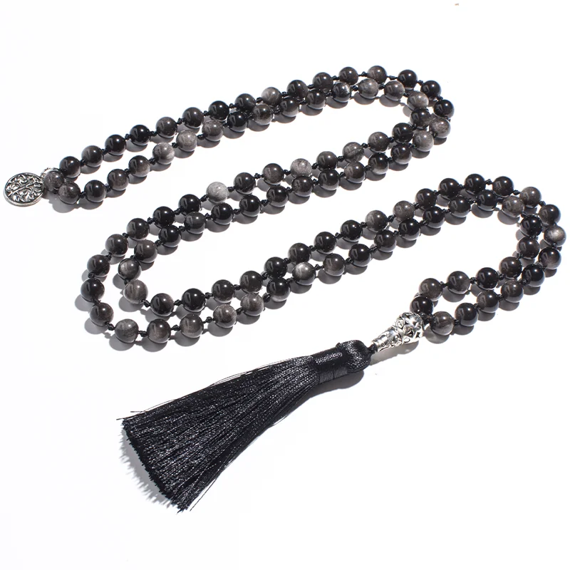 8mm Natural Obsidian Beaded Knotted 108 Mala Necklace Meditation Yoga Rosary Jewelry  for Men and Women