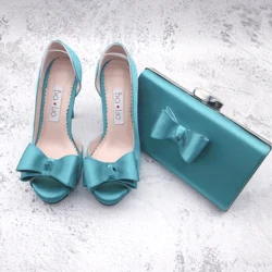 BS1344 DHL Custom Made Turquoise  Bow Shoes With Matching Bag Set peep  toe Women Shoes Dress Pumps Bridal Wedding Shoes