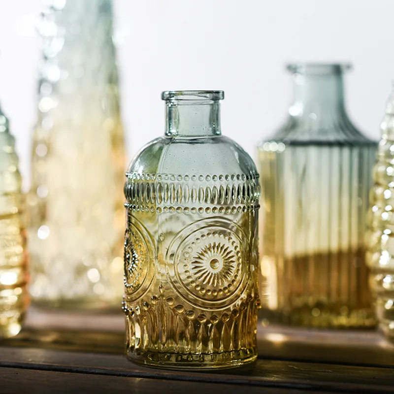 European Hipster Embossed Transparent Glass Vase Home Decoration Vases for Homes Flowers Wedding Decoratio