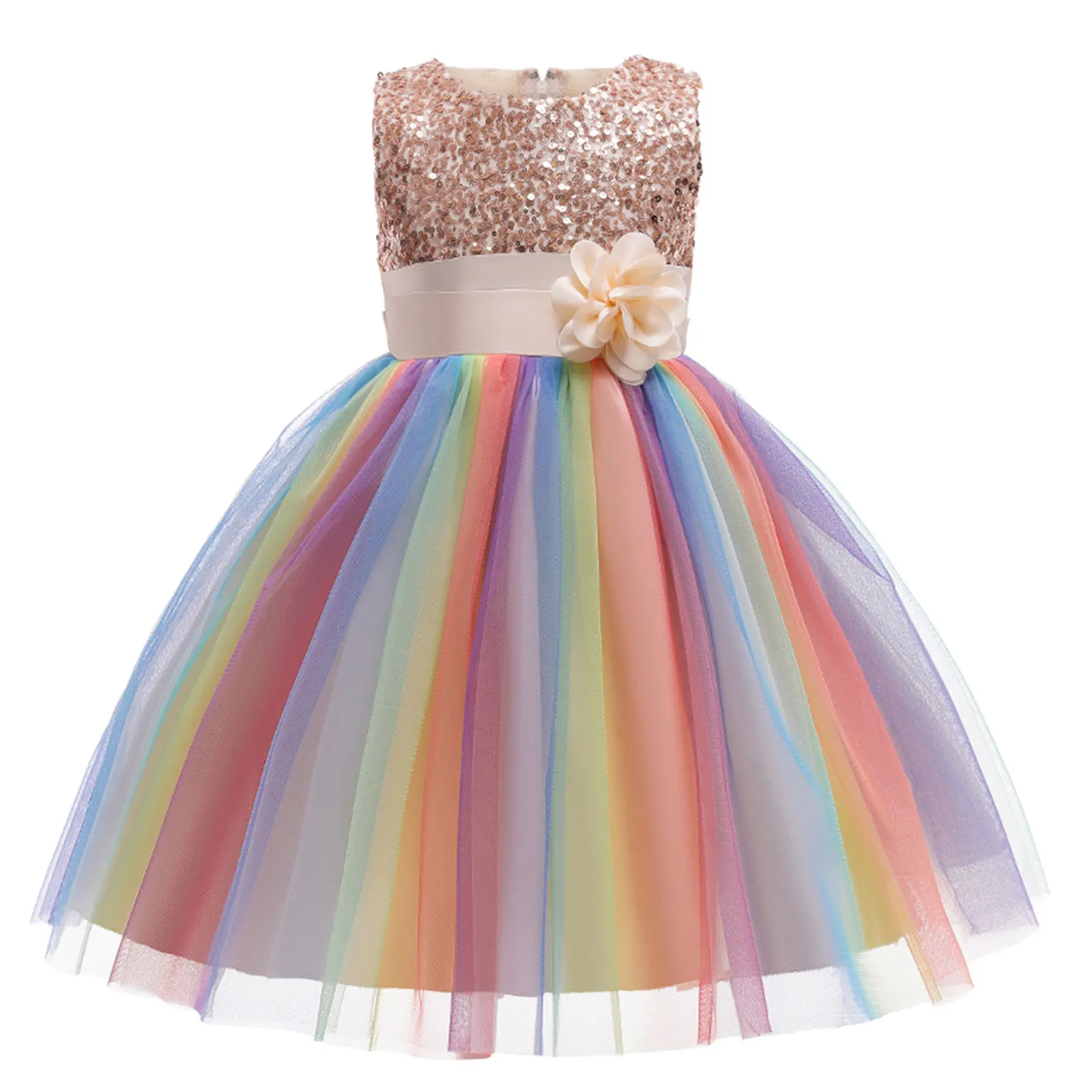 Toddler Baby Girls Formal Dresses Flower Sequins Round Neck Rainbow Mesh Tutu Princess Dress Wedding Party Gown Prom Dress