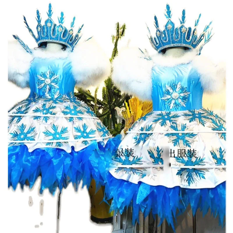 

Club Stage LED luminous skirt Blue Christmas snowflake dress Scenic theme park shopping mall parade performance costume