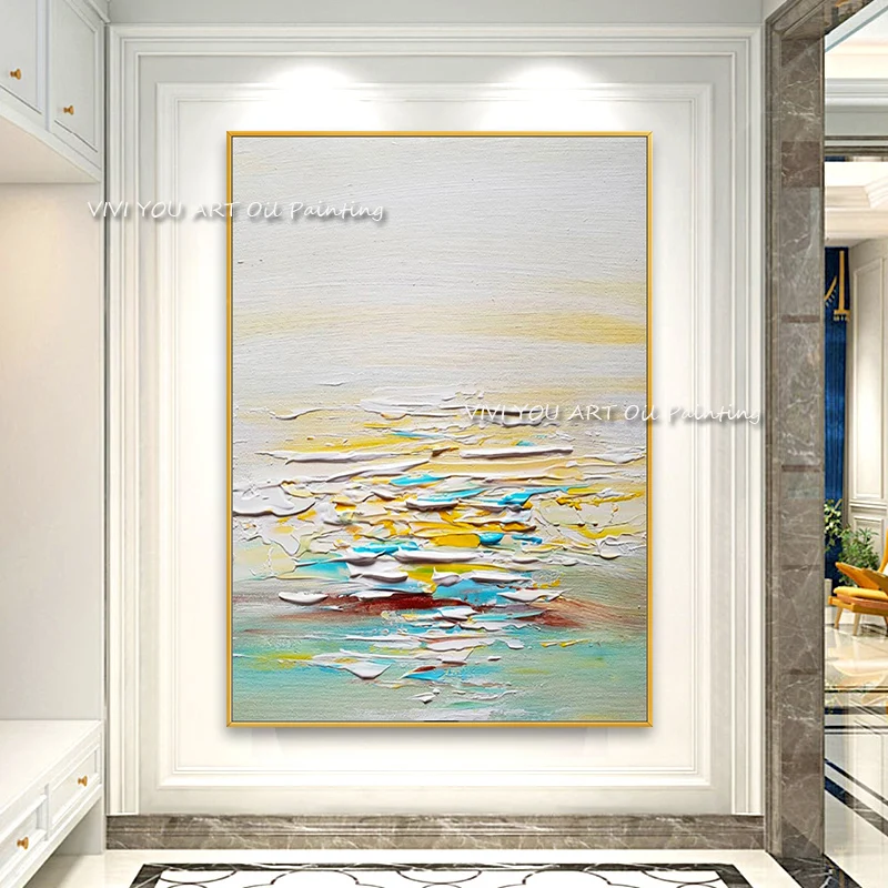 Large wall colorful knife blue ocean oil painting 100% handmade abstract art decorative no frames for living room decoration