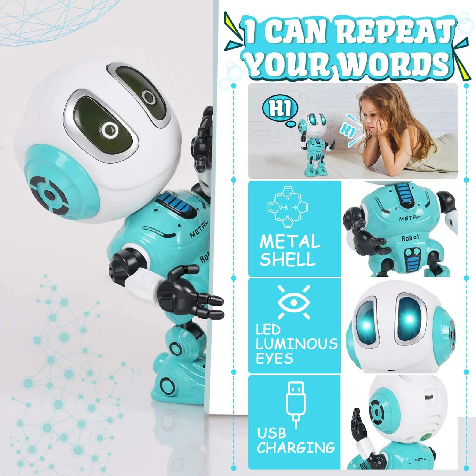 Giocattolo robot parlante intelligente Giocattolo elettrico USB fai-da-te Occhi LED colorati Robot intelligenti Regali Giocattoli per bambini