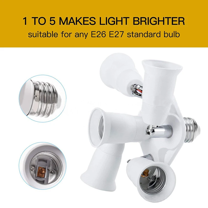 5 em 1 soquete de luz divisor e26 e27 adaptador conversor titular para lâmpadas led padrão 360 graus rotação 180 graus dobrável