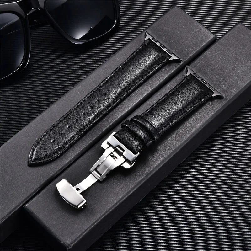 Leder-Uhrenarmbänder für Apple Watch 8, 7, 6, 5, 4, 3, SE, Schmetterlingsverschluss, Ersatz-Armband, 38/40/41 mm, 42/44/45 mm, Band für iwatch – Detail 9
