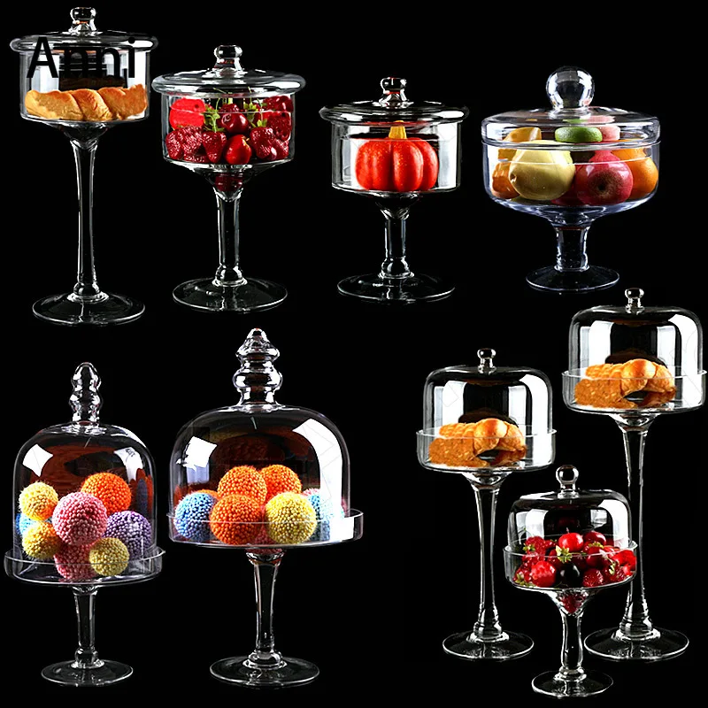 

Creativity Tall Feet Glass Bottle Nordic Transparent Candy Snacks Storage Jars with Lid Dessert Display Rack Wedding Decoration