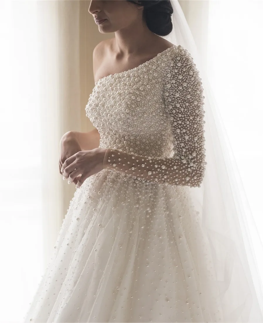 Robe De mariée luxueuse De dubaï, asymétrique épaule dénudée, manches longues, perles, arabe, Iovry