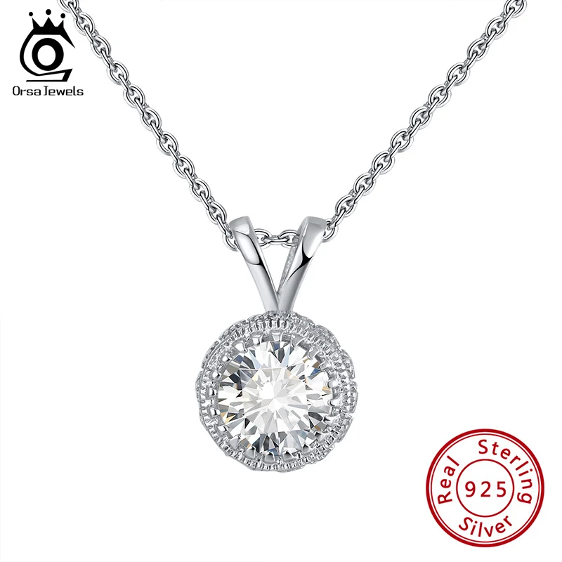 

ORSA JEWELS Vintage Flower Pendant Women Necklace Genuine 925 Sterling Silver Clear AAAA Zircon Delicate Gift Fine Jewelry SN215