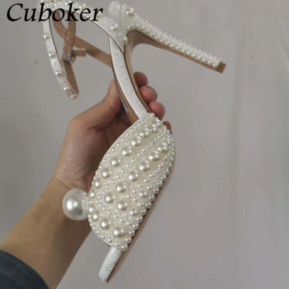 Brand Designer Women High Heel Sandals Pearl Decor Super High Heel Party Dress Wedding Shoes Woman Ankle Straps Slides Mujer