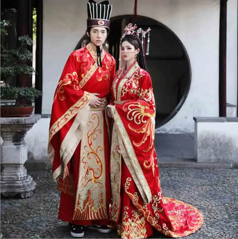 Luxury Hanfu Men/Women Chinese Traditional Embroidery Wedding Hanfu Red Dress Couples Cosplay Costume For Couples Plus Size 2XL