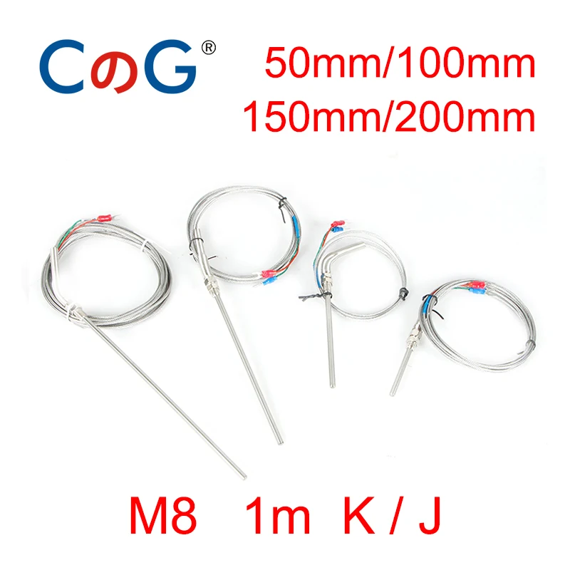 M8 K J Type with 1 Meter Wire Cable 50mm 100mm 150mm 200mm Probe Thermocouple Temperature Sensor 1m for Temperature Controller