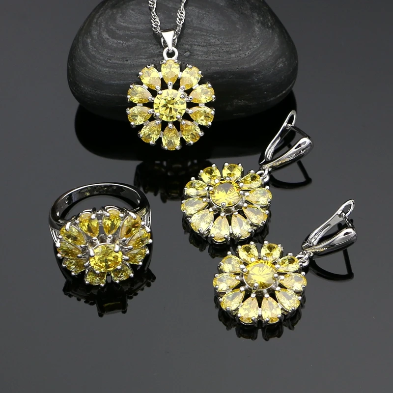 Romantic Bridal 925 Sterling Silver Jewelry Sets For Women Yellow Cubic Zirconia Earrings Pendant Ring Necklace Silver Kit