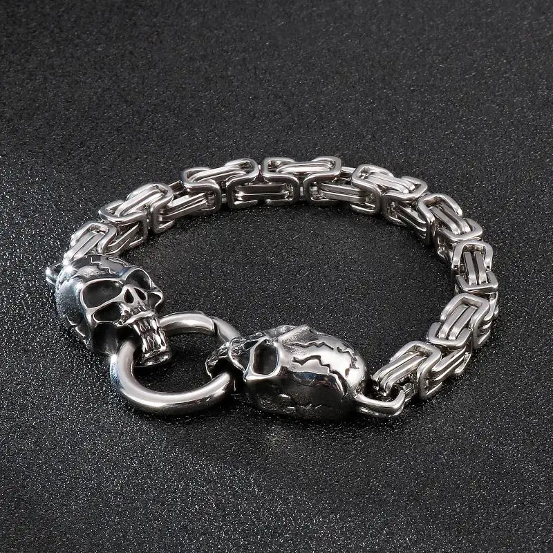 Gothic Skull Head Byzantine Chain Bracelet for Men Silver Color Exquisite Biker Fashion Jewelry