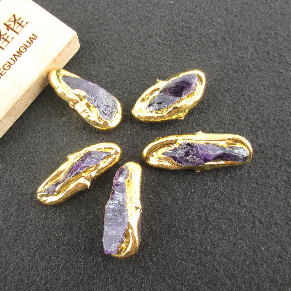 APDGG Wholesale 5 pcs natural amethyst rough Beads Gold Plated Edge Beads For Jewelry Making Accessories