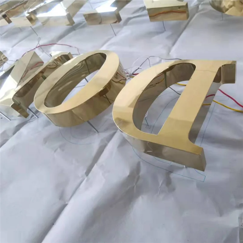 Custom made Gold mirror polished brushed stainless steel backlit LED letters, outdoor back illuminate LED business shop sign