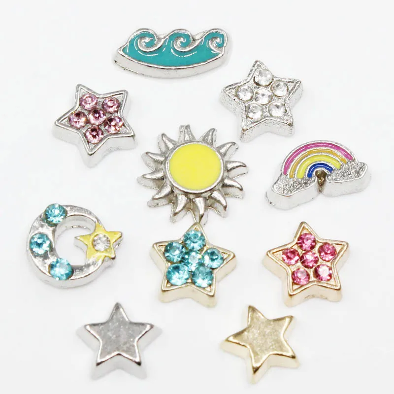 20pcs/lot  Sun Stars  Moon Rainbow Waves Enamels Universe Sky Sea Floating Charms For Glass Lockets Memory Pendant Jewelry