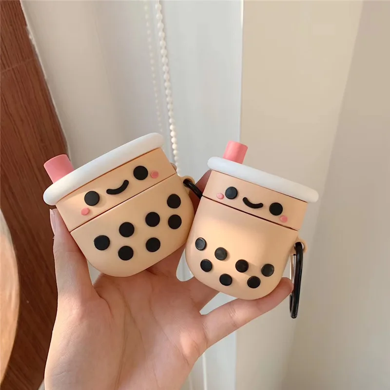 Airpods pro 1および2用のシリコンケース,bluetoothワイヤレスヘッドフォン用のかわいいbobaケース,パールキーホルダー付きアクセサリー