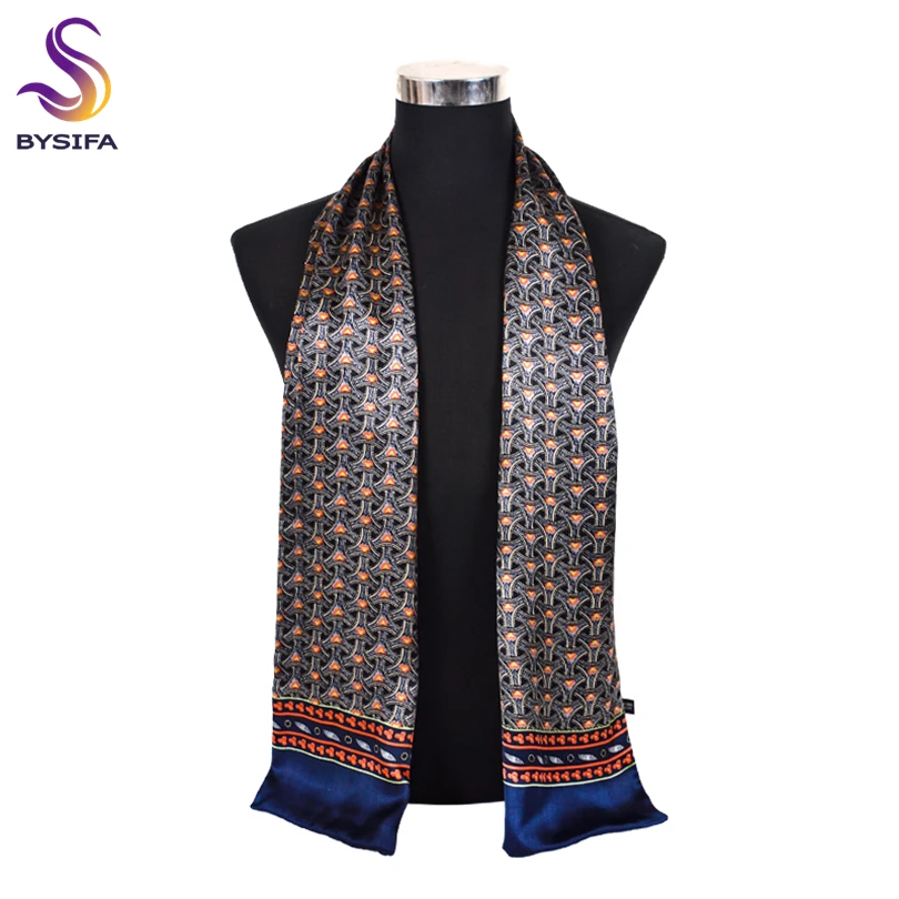 BYSIFA| New Silver Grey Man100% Silk Scarf Printed Fashion Brand Male Long Scarves Men Scarf Fall Winter Pure Silk Scarf160*26cm