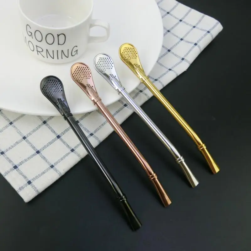 New Kitchen Bar Tool 15.5CM Stainless Steel Yerba Filter Drinking Straw Milk Tea Coffee Stirred Straw Spoon LX8452