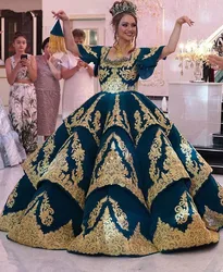 Puffy Short Sleeves Arabic Dubai prom Dresses 2022 Plus Size Luxury Sparkly Gold Lace Applique Tiered Ruffles evening  Gown