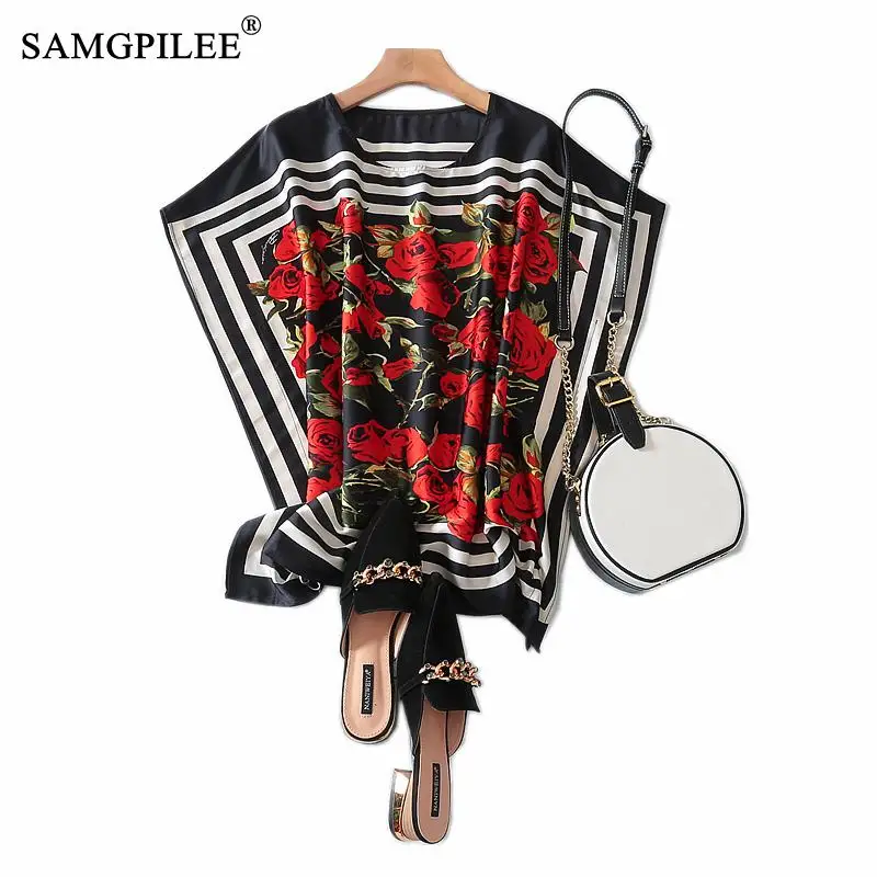 

Women T-shirts 2020 T-shirty Damskie Office Lady Chiffon Tops Short Sleeve Print Turn-down Collar Batwing Sleeve Tops For Women