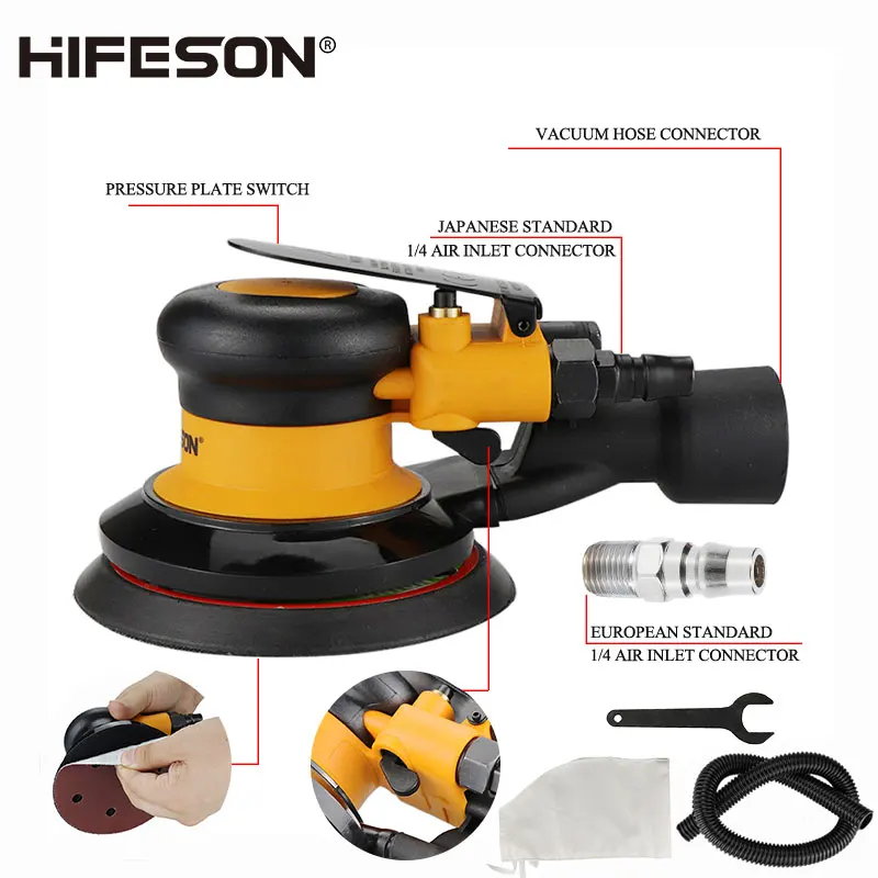 HIFESON Pneumatic Sander Polisher-with Vacuuming 5\'\' 125mm Car Paint Care Tool Polishing Random Orbital Palm Machine M8 Threaded