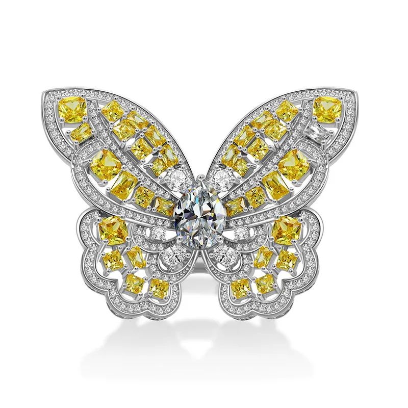 Luxury full Sparking Zircon Yellow butterfly finger rings for women Top qualiy 925 Sterling Silver Wedding Party jewelry