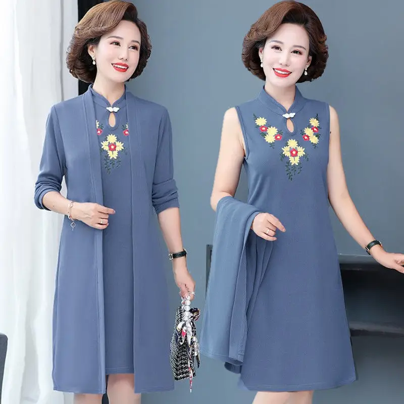 Cheongsam Dress Two Piece Suit Spring Autumn High End Elegant Dress Middle-aged Women's Embroidered Dress Set 5XL 2341