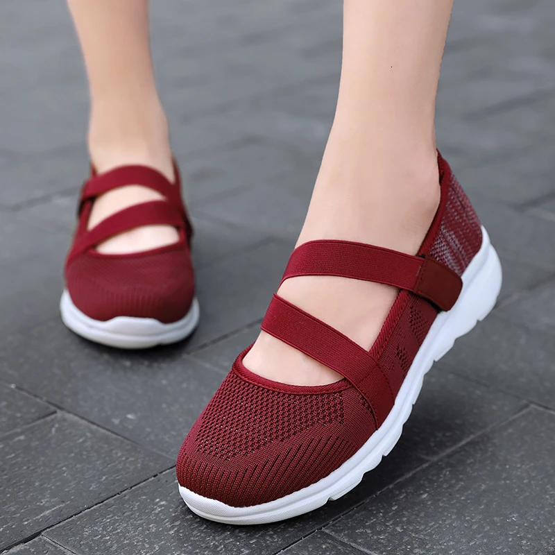 

Women Mary Janes Flats Sneaker Shallow Casual Shoes Hook Loop Ladies Fly Weave Breathable Plus Size Ultra Light Trainers