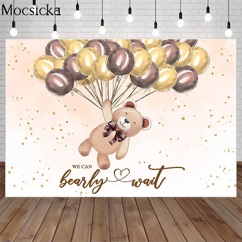 

Bear Baby Shower Backdrop Boy Girl We Can Bearly Wait Background For Photo Studio Brown Golden Balloon Party Decoration Banners