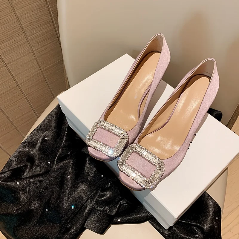 MEZEREON 2022 Shoes 7 CM High Heels Women Elegant Pumps Slip On Crystal Silk Footwear For Spring Square Toe