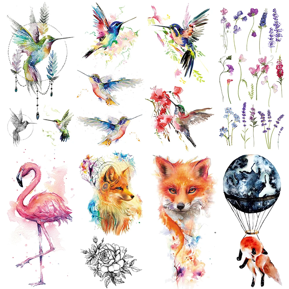 Bunte Kolibri Temporäre Tattoos Für Kinder Mädchen Fuchs Flamingo Tatoo Lavendel Blume Kind Mode Cartoon Gefälschte Tattoo Hand