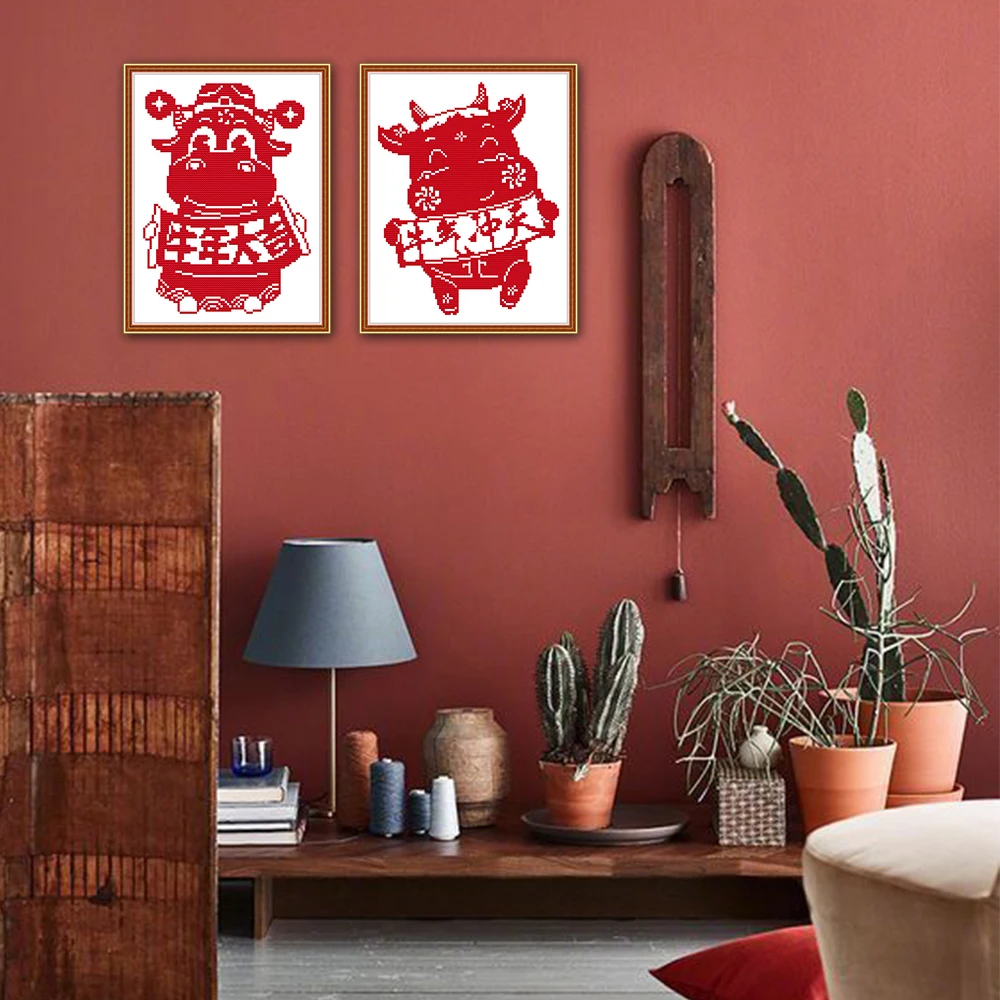 Joy Sunday Blessing Cross Stitch Kits, Good Luck in the Year Of The OX Bullish Z686 Z687, Cattle Chinese Lunar, New Year