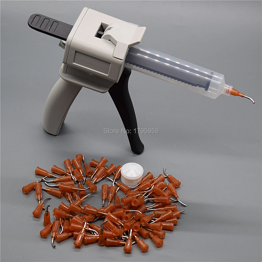 Pistola per colla 30ml pistola per calafataggio adesiva UV con punta dell'ago di erogazione affusolata piegata 100pcs 15G e barilotto della siringa dell'erogatore della colla 30cc