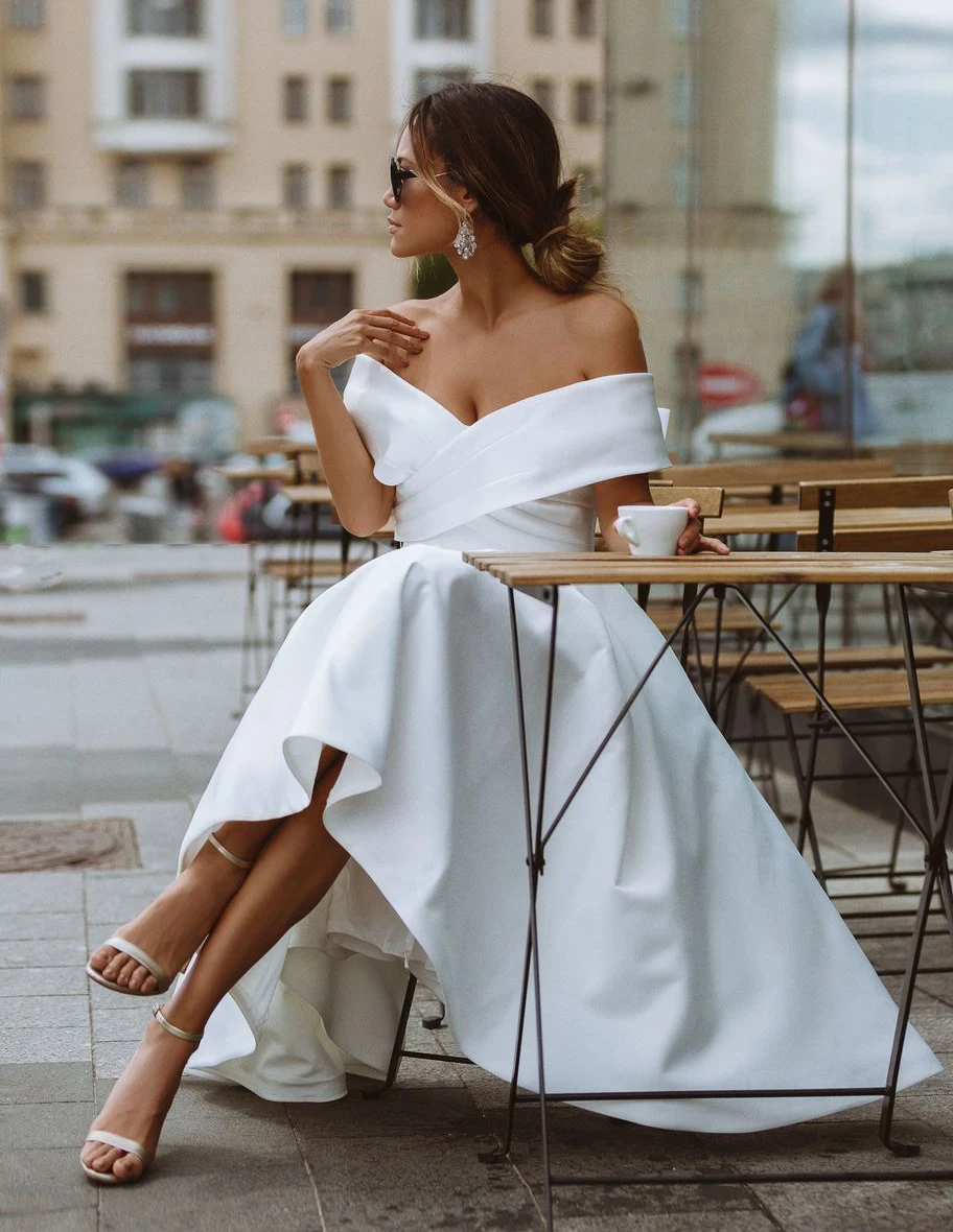 Ruched Off Shoulder Satin Wedding Dress Tea Length Simple Lace Up Cheap Dance Criss Cross Ivory Party Bridesmaid Bridal Gown